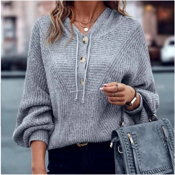 Cozy Button Hoodie Oversized Sweater Top - Picture 2 of 10